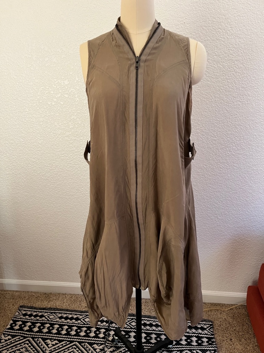 Sleeveless Zip-Front Taupe Parachute Dress